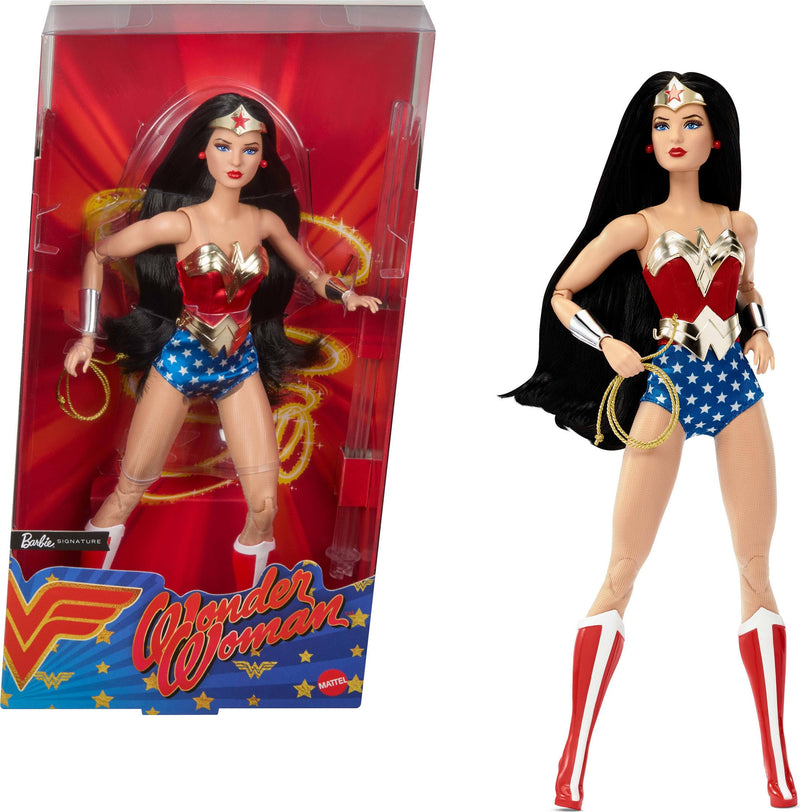 Barbie Signature Doll, Wonder Woman Collectible with Doll Stand in Red and Blue Tank Suit with Golden Accessories like Lasso, Headpiece and Belt, JBJ36
