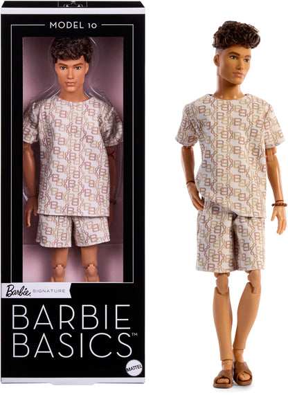 Barbie Signature - Barbie Basics Modello Ken 10, bambola da collezione con capelli castani, outfit coordinato, corpo snodato, idea regalo Festa della Mamma, 6+ anni, JJX29