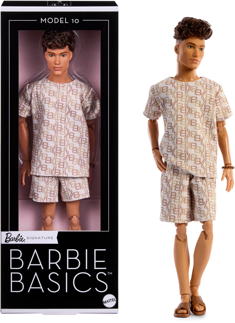 Barbie Signature - Barbie Basics Modello Ken 10, bambola da collezione con capelli castani, outfit coordinato, corpo snodato, idea regalo Festa della Mamma, 6+ anni, JJX29