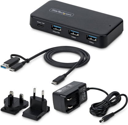 StarTech 4-Port USB-C and USB-A Hub, 5Gbps, Self-Powered, 2-in-1 Host Adapter Cable, 1x USB-C and 3x USB-A (1x BC 1.2), 36W Power Adapter Incl., MacBook and Windows