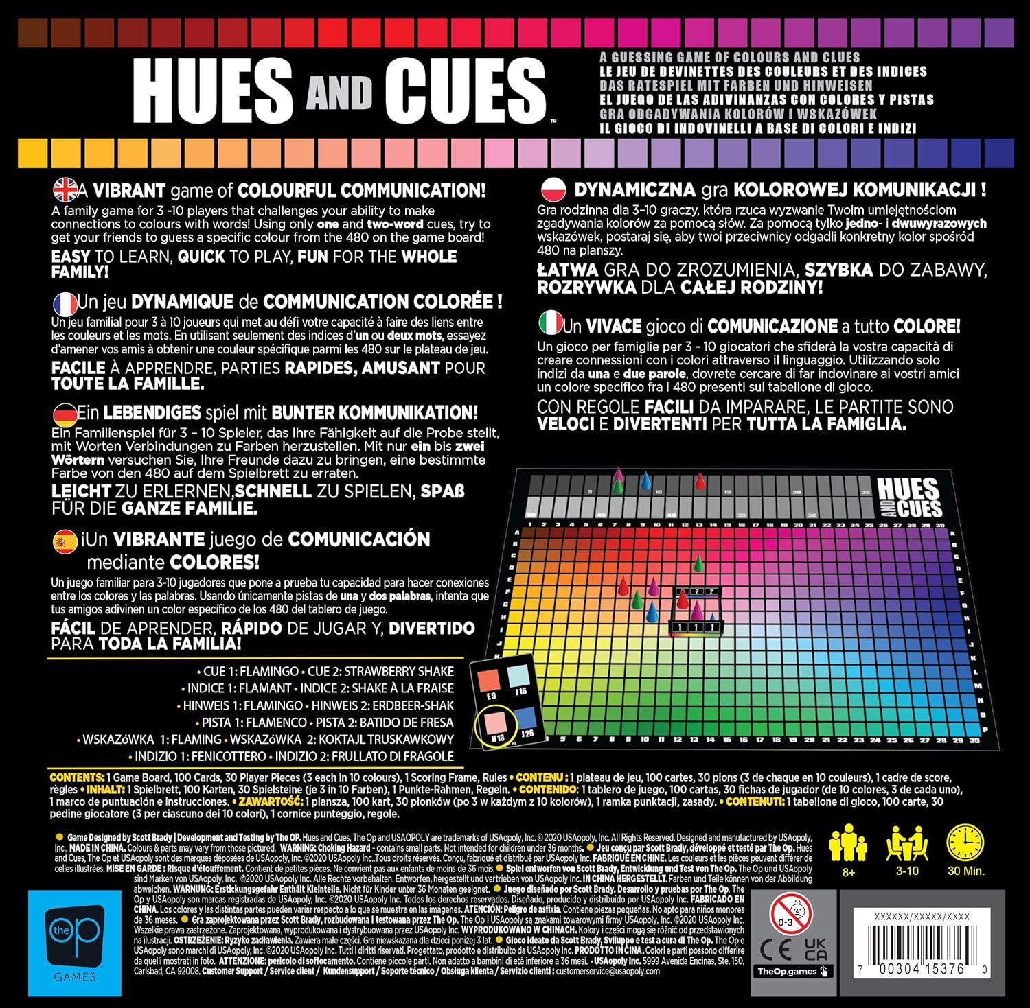 The OP Usaopoly | Hues and Cues Multilingual Meertalig Bordspel voor het Hele Gezin | Partyspel voor 3-10 Spelers | Levendig Kleurraden | Verbind Hints van 480 Kleuren Vierkanten