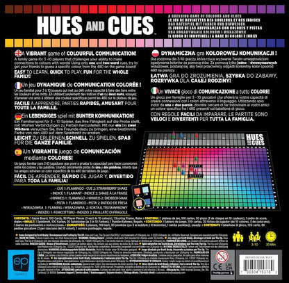 The OP Usaopoly | Hues and Cues Multilingual Meertalig Bordspel voor het Hele Gezin | Partyspel voor 3-10 Spelers | Levendig Kleurraden | Verbind Hints van 480 Kleuren Vierkanten