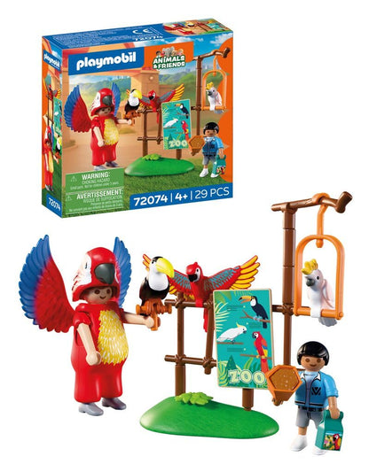 PLAYMOBIL | Animals & Friends | Dierentuin Mascotte | Man in een papegaaienpak met 3 tropische vogels | kinderspeelgoed voor kinderen vanaf 4 jaar | 72074