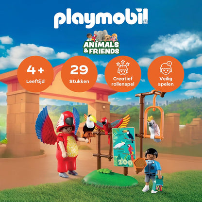 PLAYMOBIL | Animals & Friends | Dierentuin Mascotte | Man in een papegaaienpak met 3 tropische vogels | kinderspeelgoed voor kinderen vanaf 4 jaar | 72074