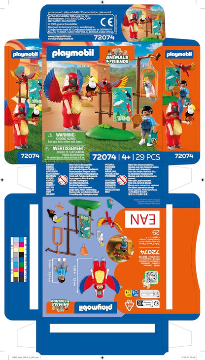 PLAYMOBIL | Animals & Friends | Dierentuin Mascotte | Man in een papegaaienpak met 3 tropische vogels | kinderspeelgoed voor kinderen vanaf 4 jaar | 72074
