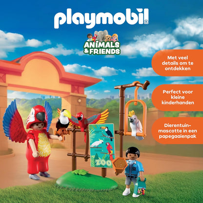 PLAYMOBIL | Animals & Friends | Dierentuin Mascotte | Man in een papegaaienpak met 3 tropische vogels | kinderspeelgoed voor kinderen vanaf 4 jaar | 72074