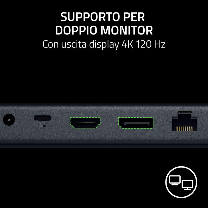 Razer USB 4 Dock - USB High-Speed-Dock - Supporto doppio display, ricarica dispositivi (3x USB-C, 5x USB-A, HDMI, DisplayPort, Gigabit Ethernet) Nero