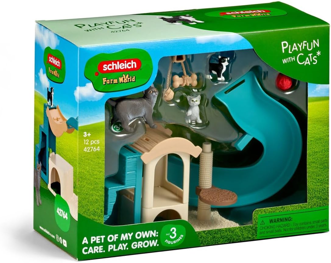 schleich FARM WORLD | Kocia zabawa 42764 | Zestaw z domkiem dla kotów, 3 kotami, drapakiem & akcesoriami | Realistyczna zabawka farma | Prezent dla dzieci od 3 lat | 12 elementów