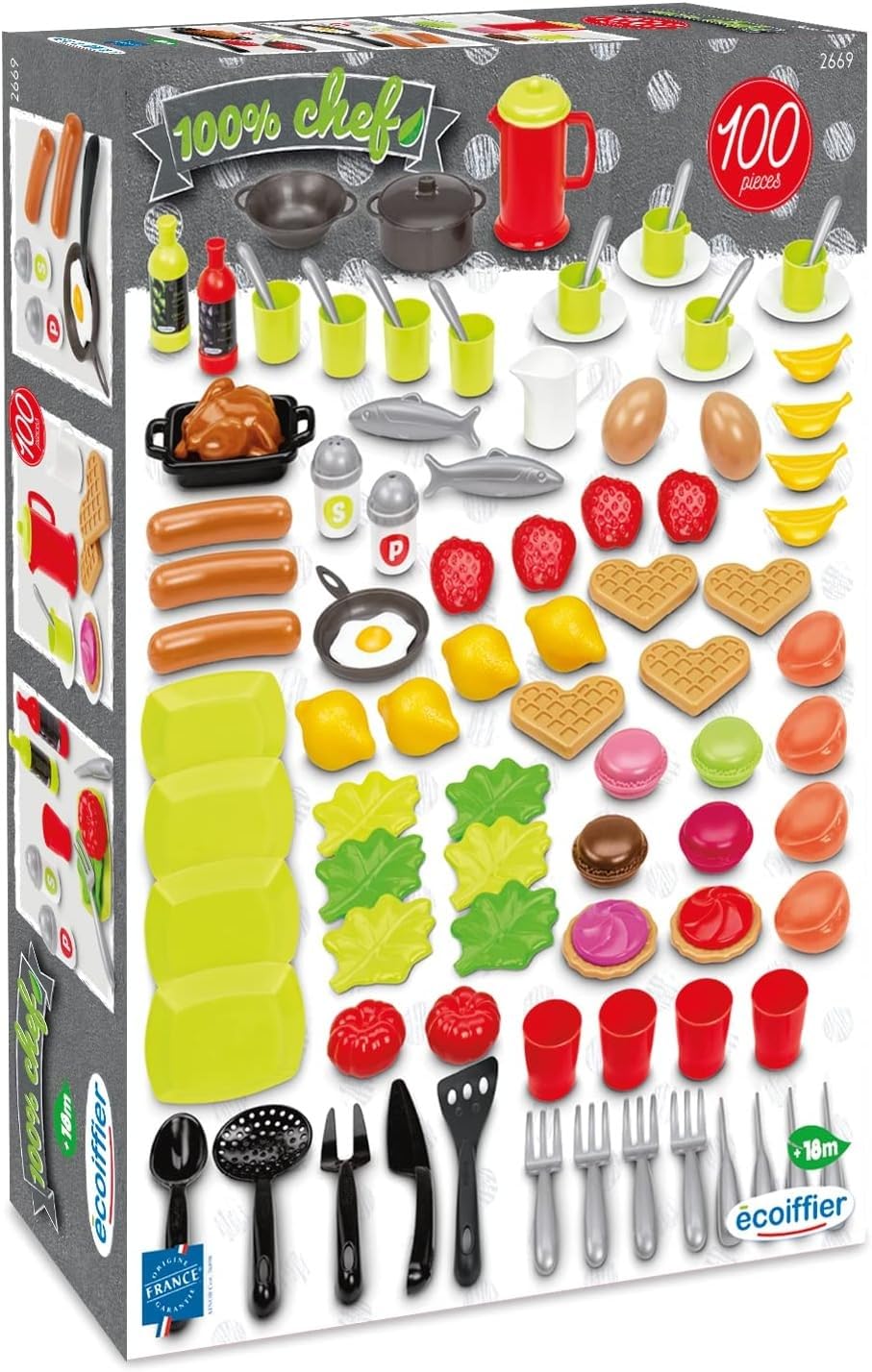 Ecoiffier - Verpakking met speelgoedvoering en serviesset, 100% chef, 100 stuks, geschikt vanaf 18 maanden (760002669