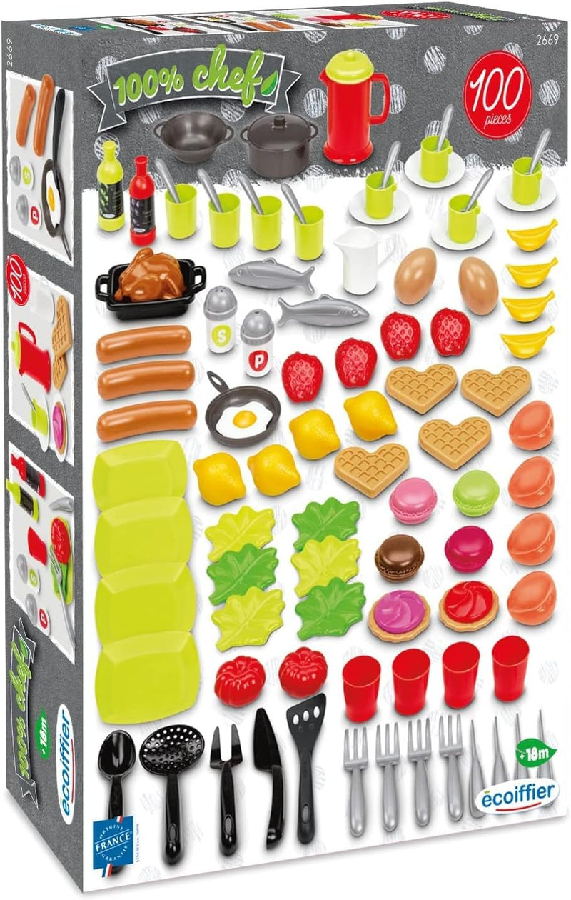 Ecoiffier - Verpakking met speelgoedvoering en serviesset, 100% chef, 100 stuks, geschikt vanaf 18 maanden (760002669
