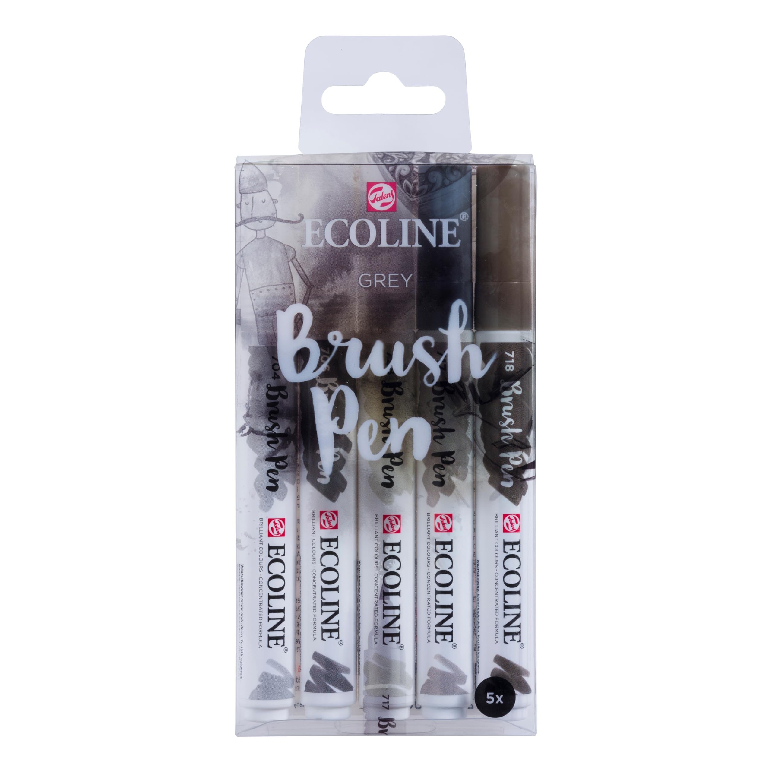 Ecoline Brush Pen Set van 5 - Grijs | Penseelstiften met Aquarelverf voor Bullet Journal, Handlettering, Kleurboeken & Tekenen