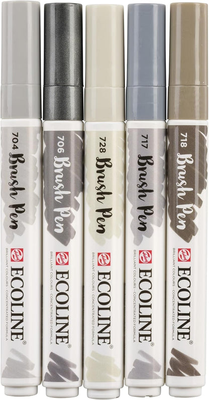 Ecoline Brush Pen Set van 5 - Grijs | Penseelstiften met Aquarelverf voor Bullet Journal, Handlettering, Kleurboeken & Tekenen