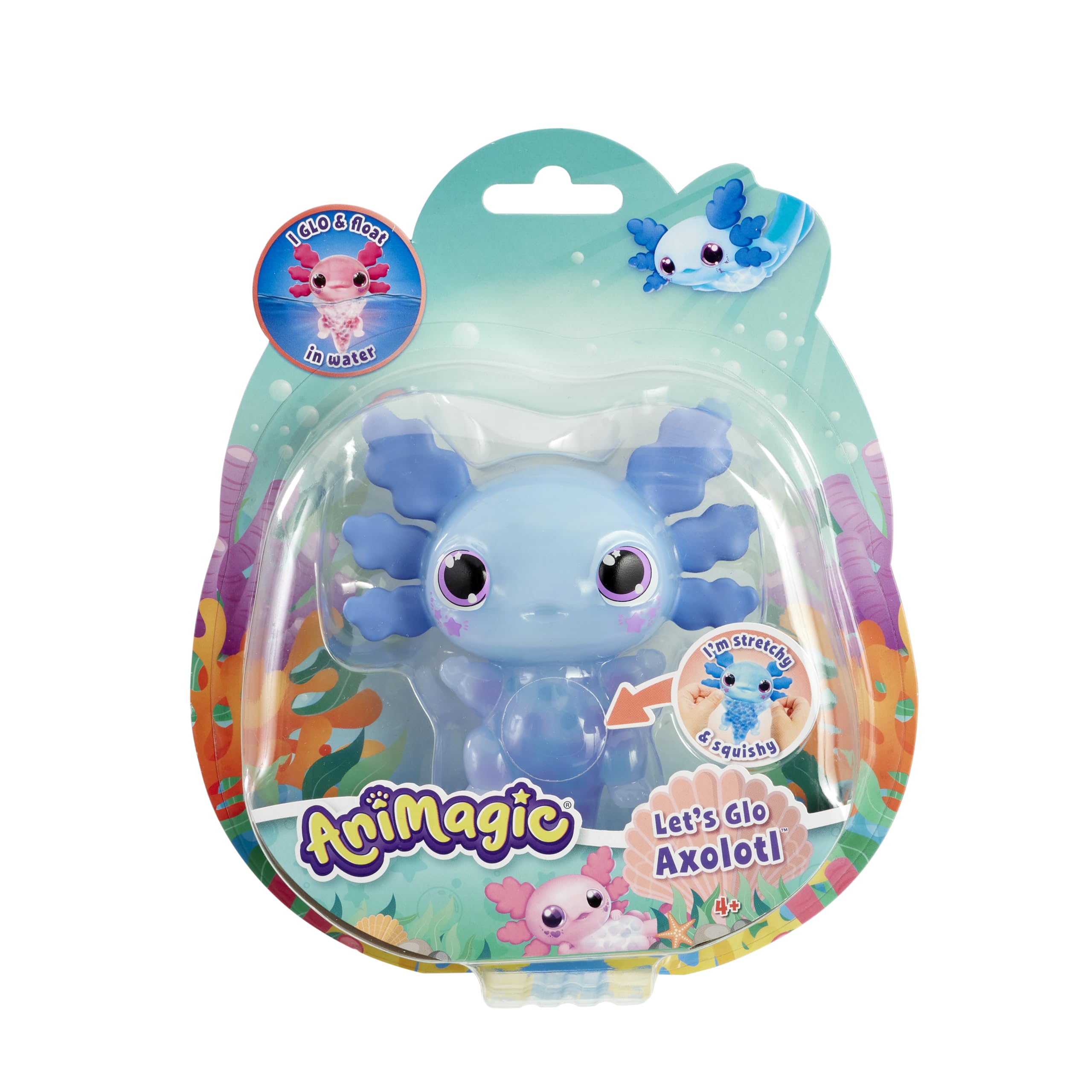Animagic - Let's Glo Axolotl Blauw, Elektronisch en Verlicht Huisdier Voor Kinderen Vanaf 4 Jaar, Zintuiglijke speel- en aanraakervaring, Uitrekbaar lichaam, Drijft en gloeit in water