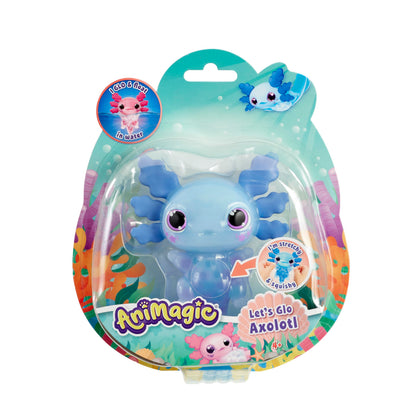 Animagic - Let's Glo Axolotl Blauw, Elektronisch en Verlicht Huisdier Voor Kinderen Vanaf 4 Jaar, Zintuiglijke speel- en aanraakervaring, Uitrekbaar lichaam, Drijft en gloeit in water