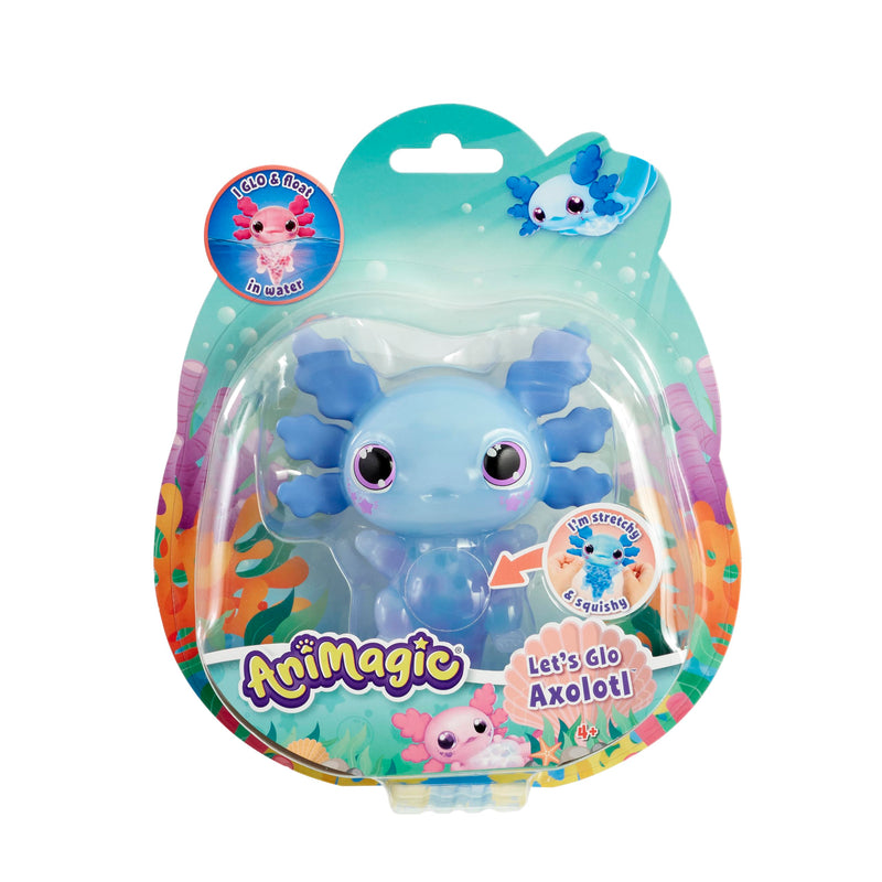 Animagic - Let's Glo Axolotl Blauw, Elektronisch en Verlicht Huisdier Voor Kinderen Vanaf 4 Jaar, Zintuiglijke speel- en aanraakervaring, Uitrekbaar lichaam, Drijft en gloeit in water