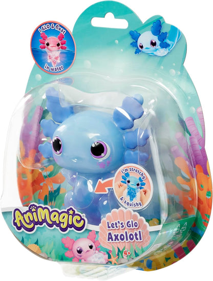 Animagic - Let's Glo Axolotl Blauw, Elektronisch en Verlicht Huisdier Voor Kinderen Vanaf 4 Jaar, Zintuiglijke speel- en aanraakervaring, Uitrekbaar lichaam, Drijft en gloeit in water