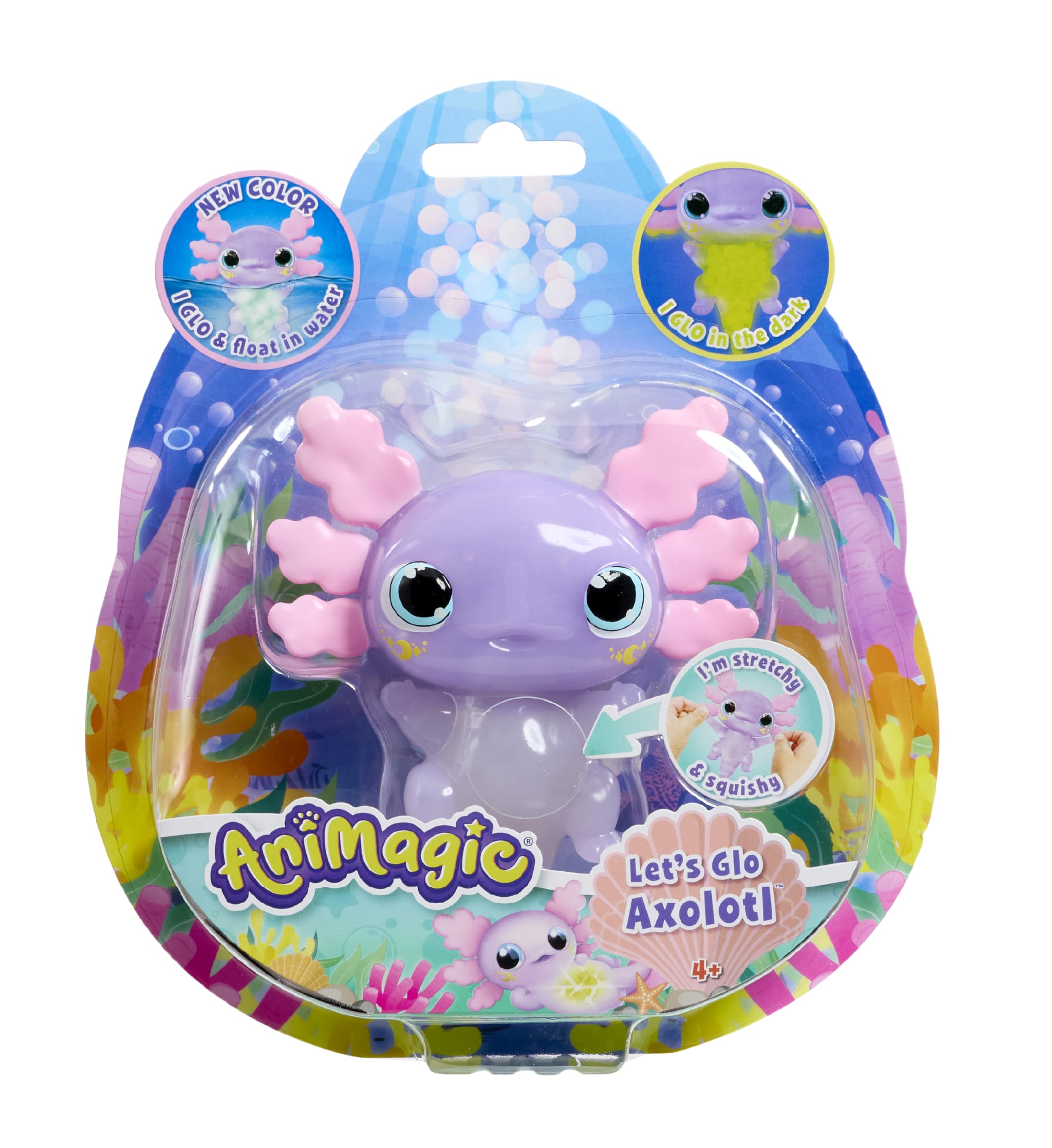 Animagic - Let's Glo Axolotl Pastel Paars, Elektronisch Huisdier Voor Kinderen Vanaf 4 Jaar, Glow in the Dark, Zintuiglijke speel- en aanraakervaring, Uitrekbaar lichaam, Drijft en gloeit in water