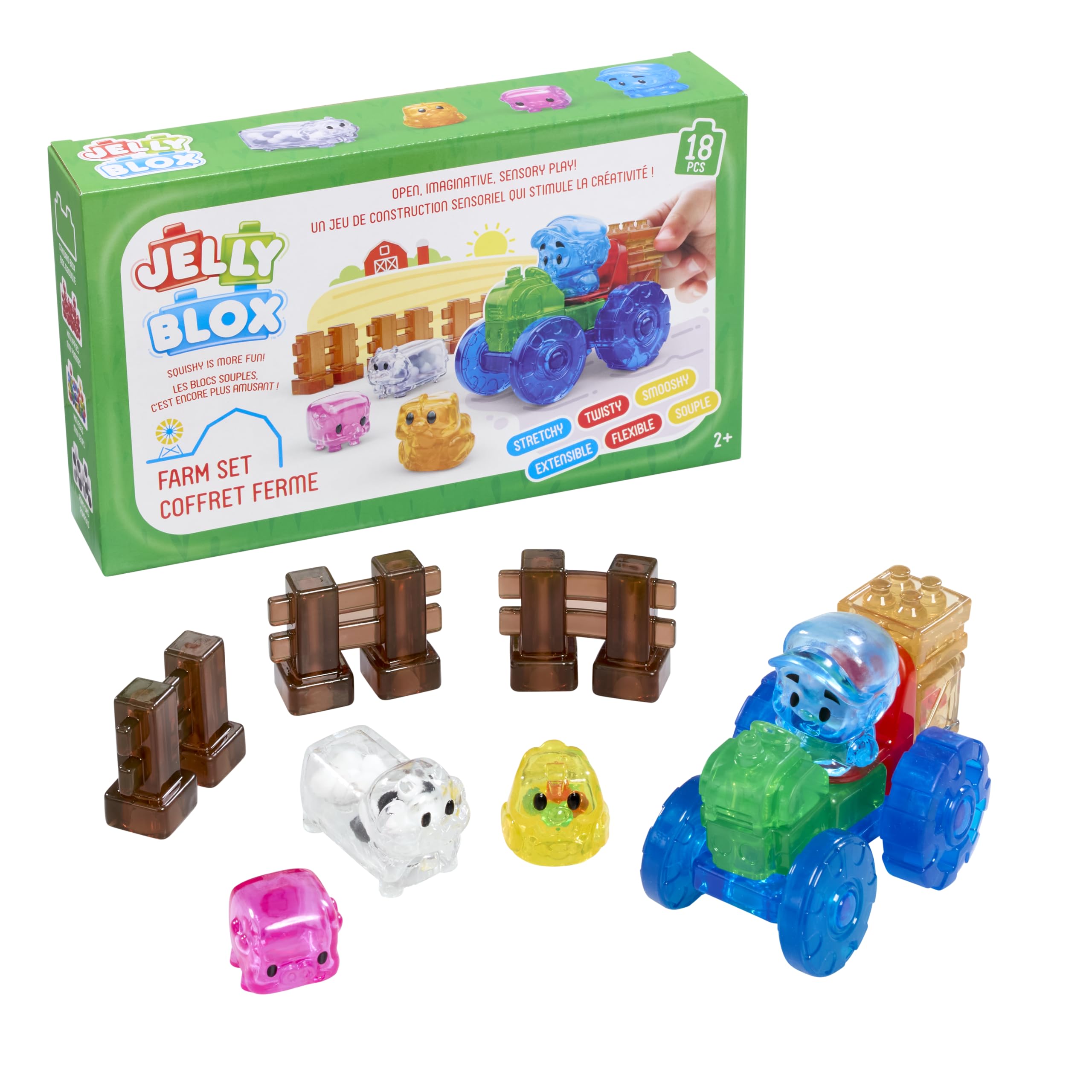 JELLY BLOX – Farm Set, Sensorisch Speelgoed voor Kinderen vanaf 2 Jaar, Bouwset van 18 Zachte Sensory Boerderijdieren & Karakters, Zachte & Flexibele Blokken, Cadeau-Idee