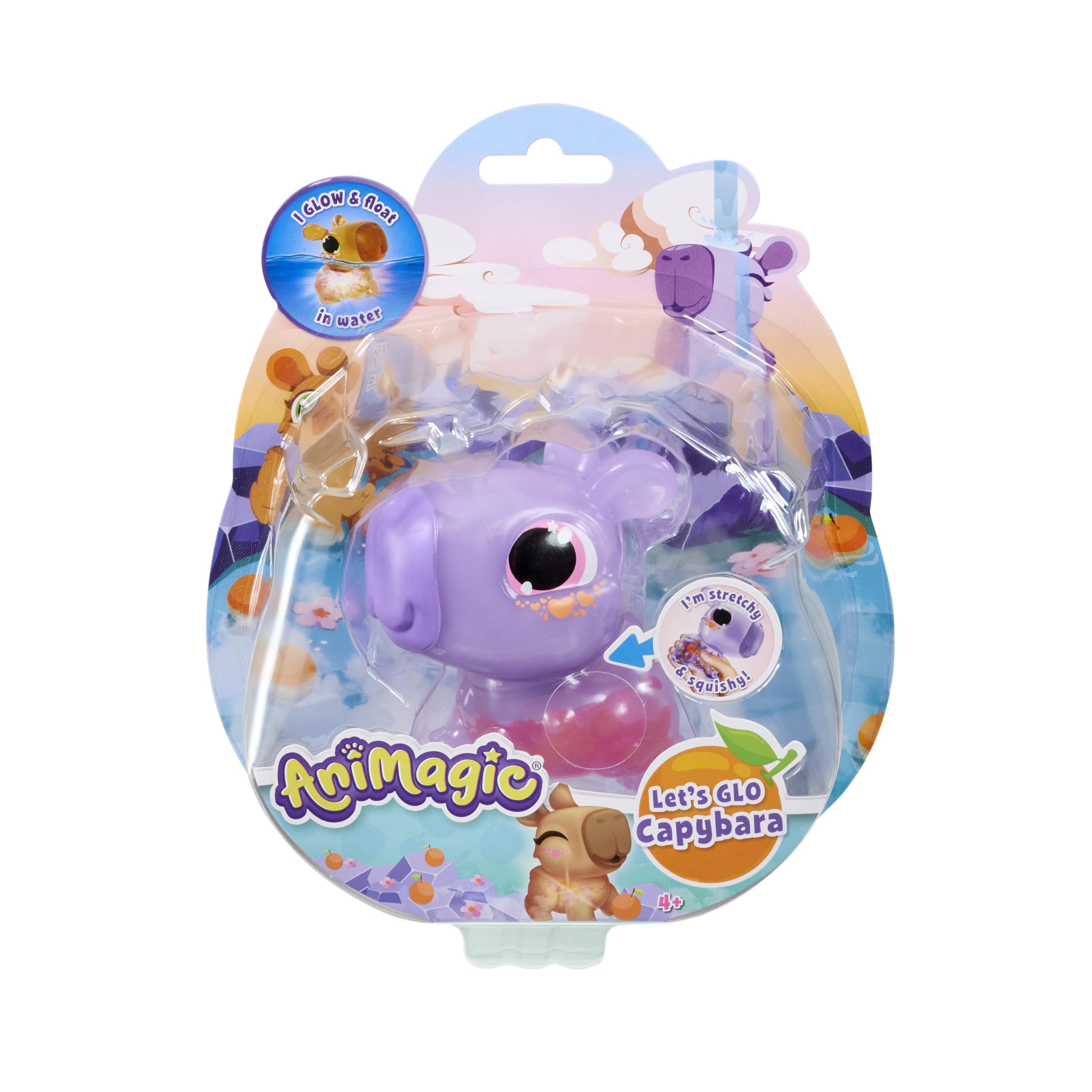 Animagic Let's Glo Capybara - PAARS, Knuffel Capibara vanaf 4 Jaar, Schattig Dier, Zintuiglijk speelgoed, Gloeit en Drijft in Water