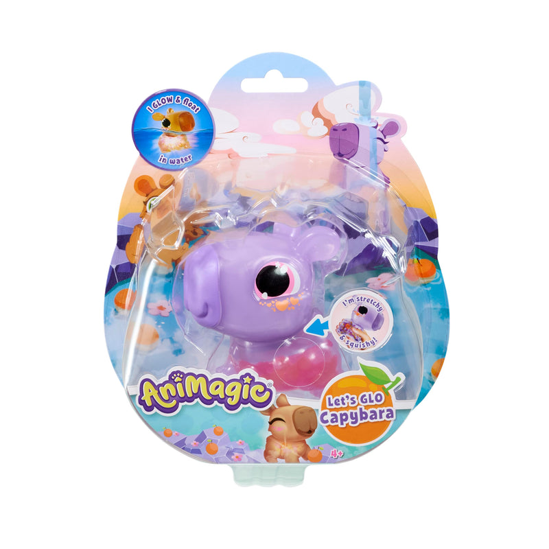 Animagic Let's Glo Capybara - PAARS, Knuffel Capibara vanaf 4 Jaar, Schattig Dier, Zintuiglijk speelgoed, Gloeit en Drijft in Water