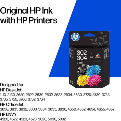HP 302/304 Black/Tri-Color Original Ink Cartridge 2-Pack (B82L1AE)- Works DeskJet 1110, 2130, 3630, 2600 & 3700 series, OfficeJet 3830, 4650 series, ENVY 4520 series, 5020, 5030, 5032