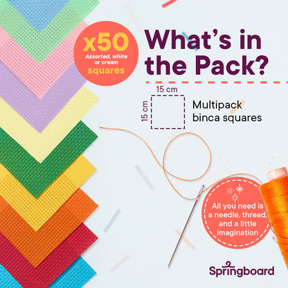 Springboard Cross Stitch Fabric Squares - 50-Pack of Binca Mesh Sheets for Sewing - 100% Cotton Embroidery Fabric for Kids - Cross Stitch Accessories - 15 x 15 cm Squares - Assorted Colours