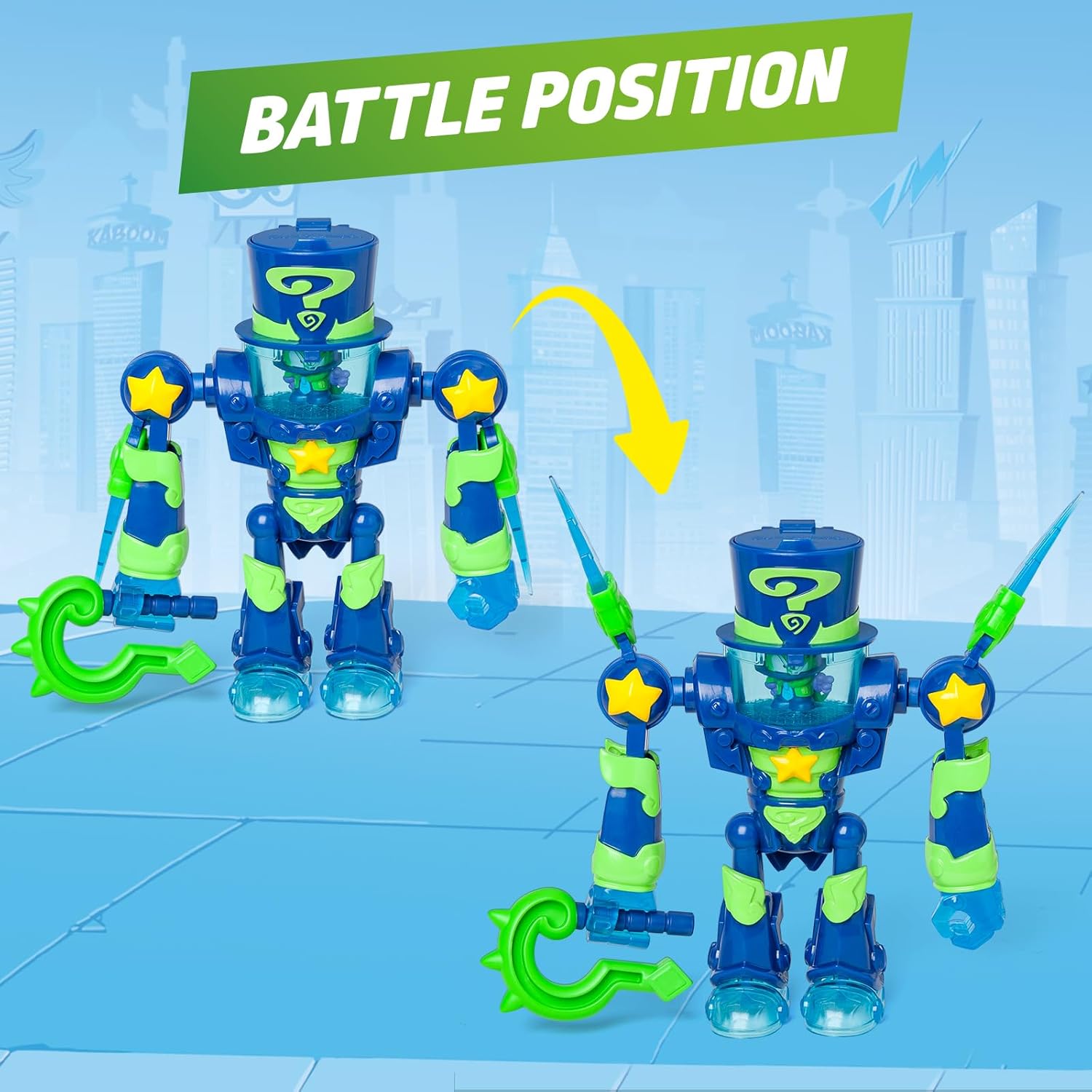 SUPERTHINGS – Ultra Striker Enigma. Enigma's Ultra Striker robot from the animated series “Superthings Kazoom Power”. Contains 1 Ultra Striker robot, 1 exclusive Enigma, and 1 accessory.