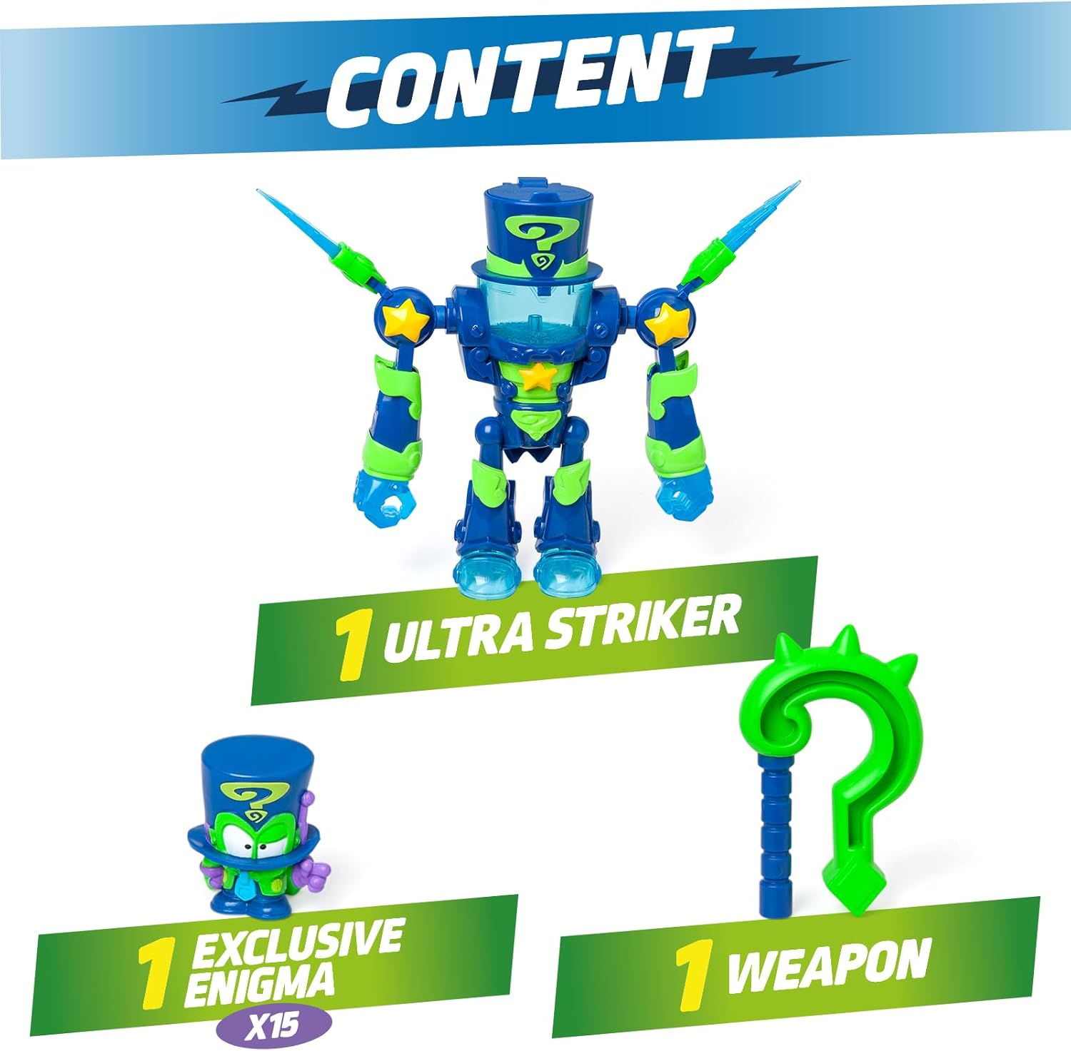 SUPERTHINGS – Ultra Striker Enigma. Enigma's Ultra Striker robot from the animated series “Superthings Kazoom Power”. Contains 1 Ultra Striker robot, 1 exclusive Enigma, and 1 accessory.