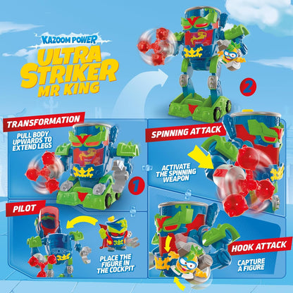 SUPERTHINGS – Ultra Striker Mr. King. Mr. King's Ultra Striker robot from the animated series “Superthings Kazoom Power”. Contains 1 Ultra Striker robot and 1 exclusive Mr. King.