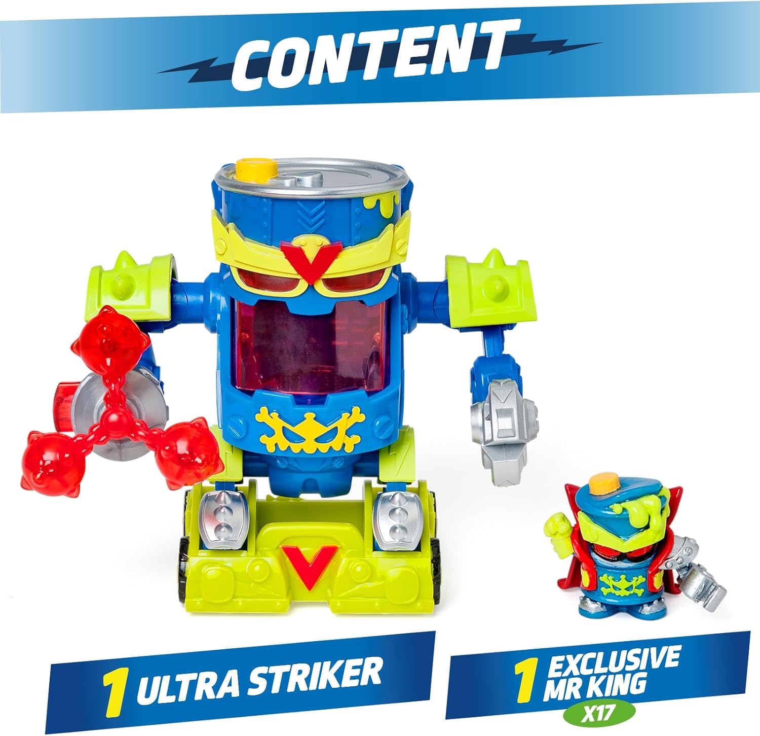 SUPERTHINGS – Ultra Striker Mr. King. Mr. King's Ultra Striker robot from the animated series “Superthings Kazoom Power”. Contains 1 Ultra Striker robot and 1 exclusive Mr. King.