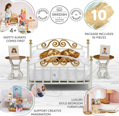 Lundby Poppenhuis bed met nachtkastje set, 10-delig poppenhuis accessoires - slaapkamer meubels voor miniatuur huis - poppenaccessoires set met poppen tweepersoonsbed voor 11 cm poppen