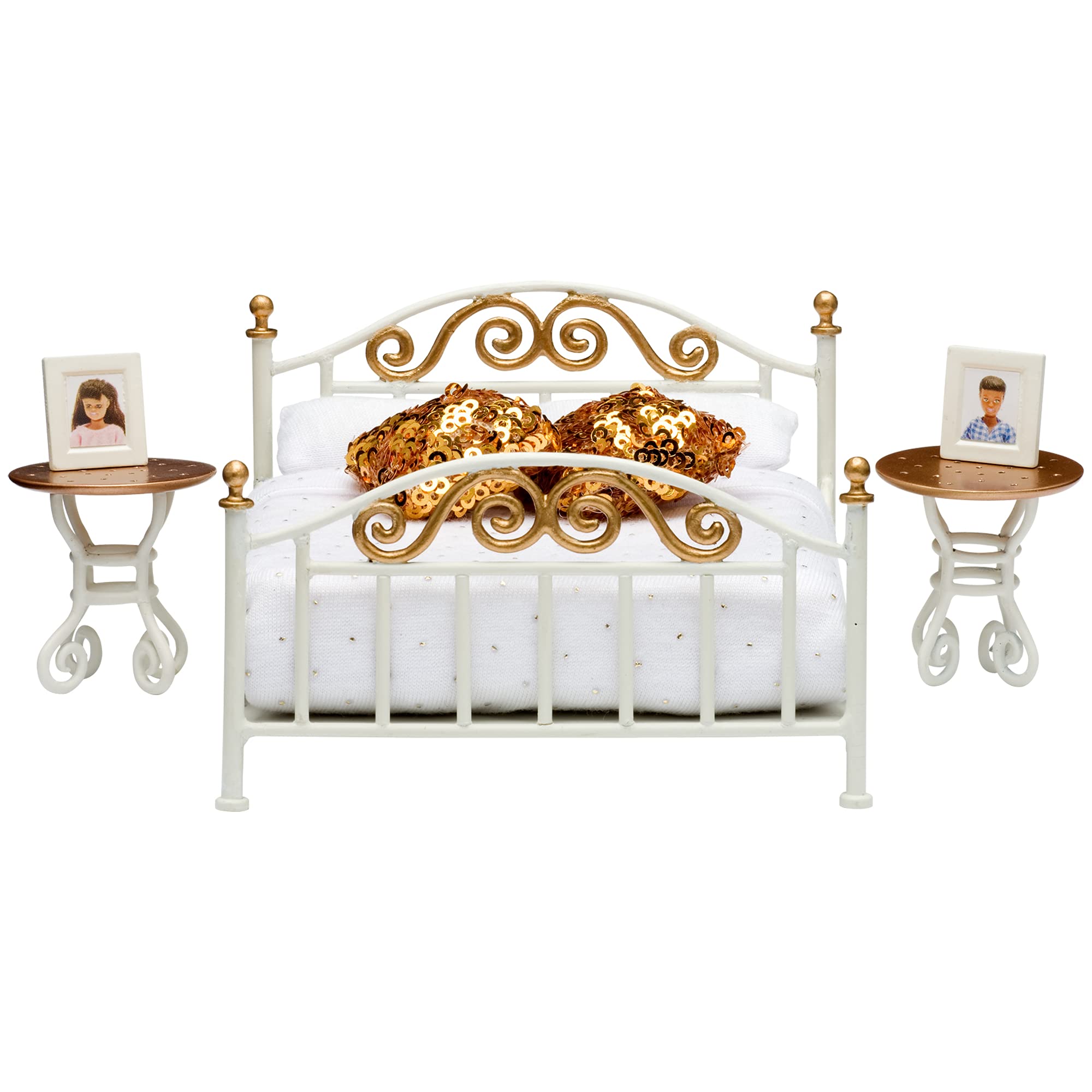 Lundby Poppenhuis bed met nachtkastje set, 10-delig poppenhuis accessoires - slaapkamer meubels voor miniatuur huis - poppenaccessoires set met poppen tweepersoonsbed voor 11 cm poppen
