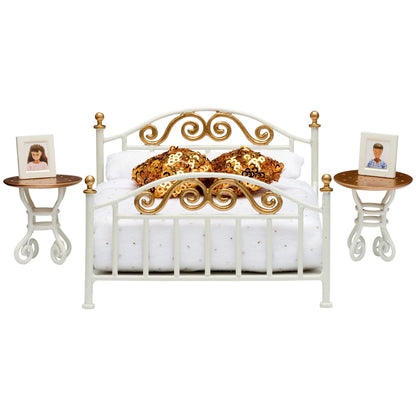 Lundby Poppenhuis bed met nachtkastje set, 10-delig poppenhuis accessoires - slaapkamer meubels voor miniatuur huis - poppenaccessoires set met poppen tweepersoonsbed voor 11 cm poppen