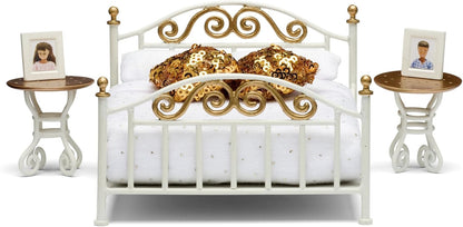 Lundby Poppenhuis bed met nachtkastje set, 10-delig poppenhuis accessoires - slaapkamer meubels voor miniatuur huis - poppenaccessoires set met poppen tweepersoonsbed voor 11 cm poppen
