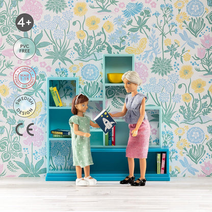 LUNDBY Poppenhuismeubelsets - poppenhuis boekenkast + boekenaccessoires boekenplank - 12-delige set voor 11 cm minipoppen vanaf 4 jaar en 1:18