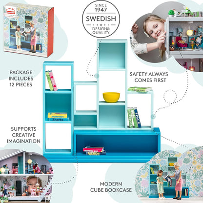 LUNDBY Poppenhuismeubelsets - poppenhuis boekenkast + boekenaccessoires boekenplank - 12-delige set voor 11 cm minipoppen vanaf 4 jaar en 1:18