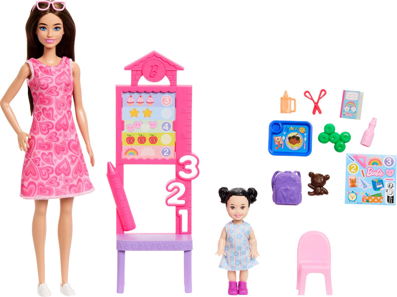 Barbie Careers Teacher Playset with Fashion Doll Wearing Removable Dress, Toddler Small Doll, Classroom Board & Accessories, JMK16