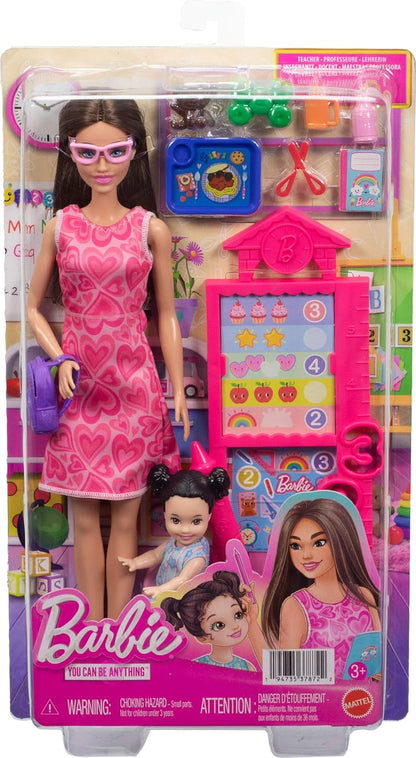 Barbie Careers Teacher Playset with Fashion Doll Wearing Removable Dress, Toddler Small Doll, Classroom Board & Accessories, JMK16