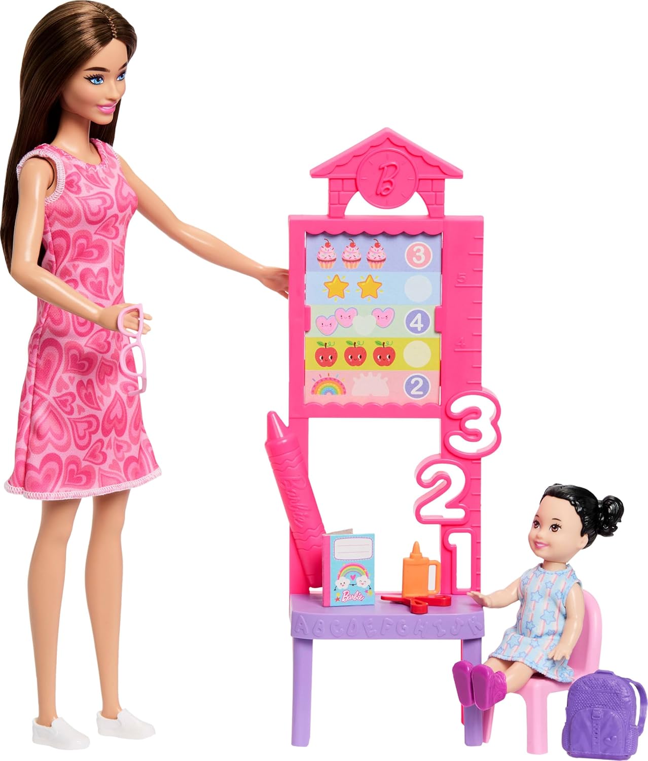 Barbie Careers Teacher Playset with Fashion Doll Wearing Removable Dress, Toddler Small Doll, Classroom Board & Accessories, JMK16