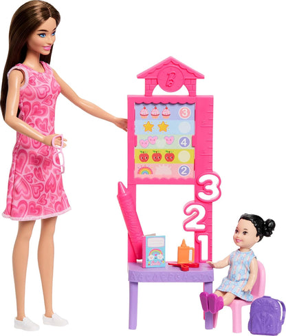 Barbie Careers Teacher Playset with Fashion Doll Wearing Removable Dress, Toddler Small Doll, Classroom Board & Accessories, JMK16