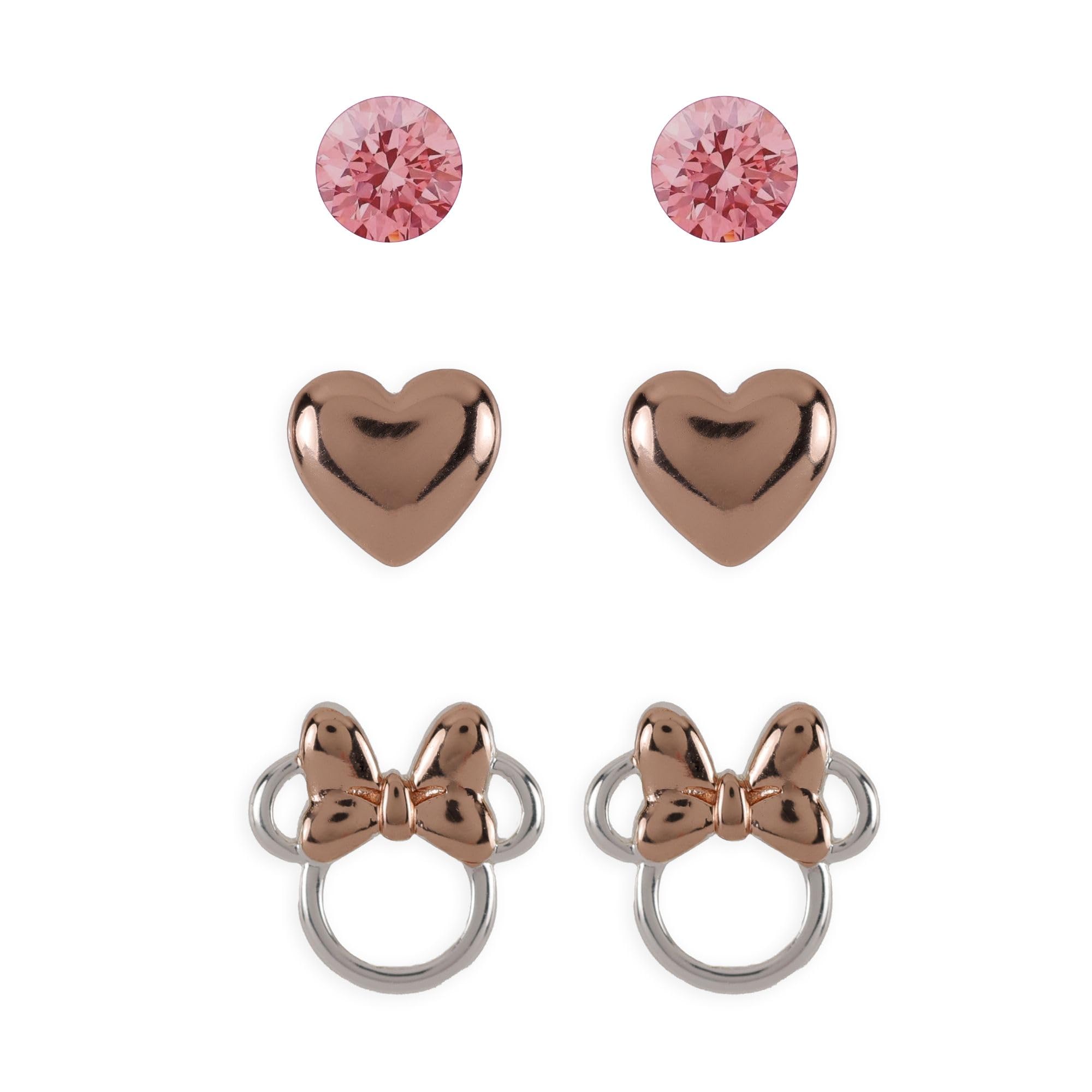 Disney - Brass Light Rose Crystal, Heart & Minnie Stud Earrings 3 Pc Set