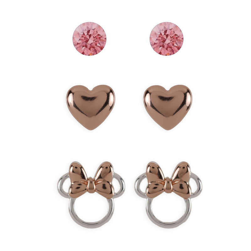 Disney - Brass Light Rose Crystal, Heart & Minnie Stud Earrings 3 Pc Set