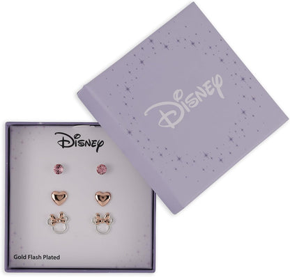 Disney - Brass Light Rose Crystal, Heart & Minnie Stud Earrings 3 Pc Set