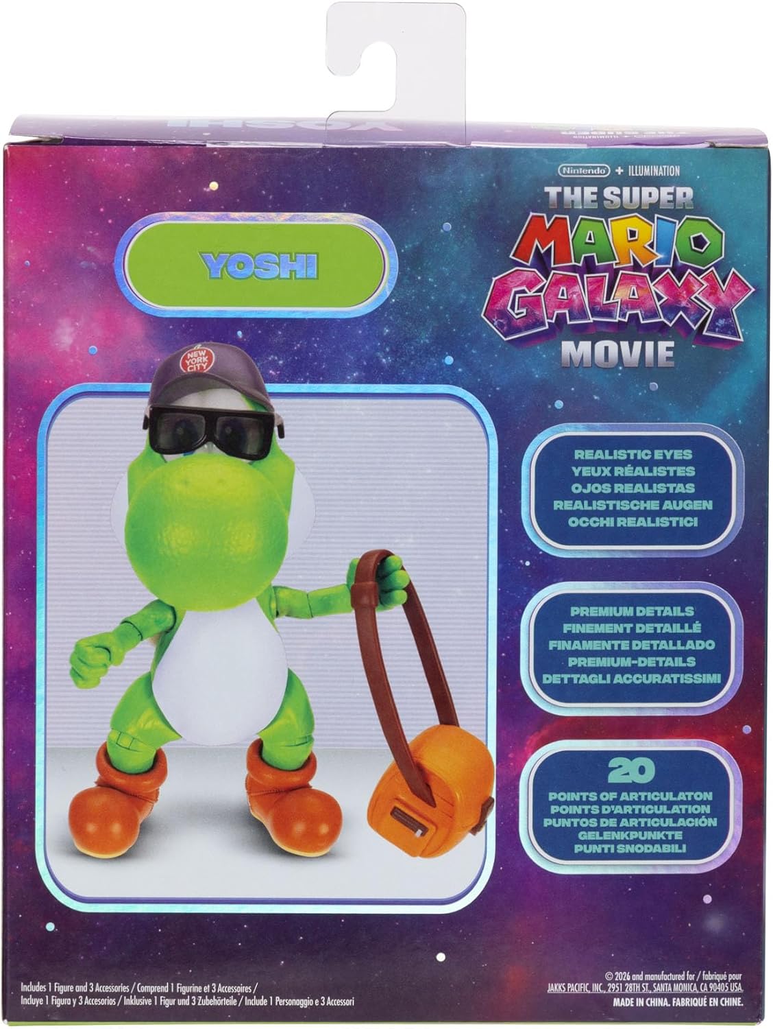 Jakks Pacific The Super Mario Galaxy Movie Yoshi 5" / 12.7cm Action Figure with Accessory, Officially Licensed, 20 Points of Articulation, Includes Cap, Sunglasses and Satchel, for Ages 3+