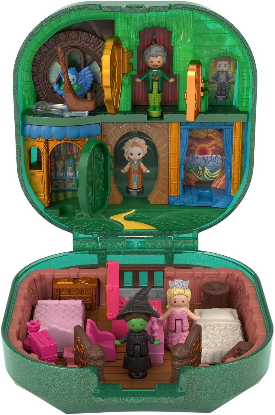 Polly Pocket x Wicked Collector Compact, Micro Dolls and Playset, 2 Themed Accessories, Iconic Shiz & Oz Locations, Glinda, Elphaba, & The Wizard, JFV04