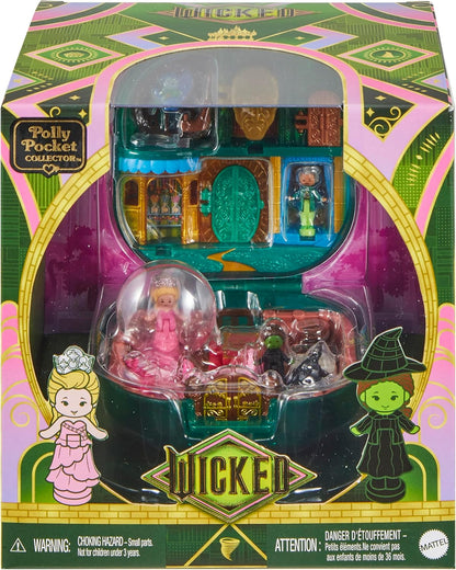 Polly Pocket x Wicked Collector Compact, Micro Dolls and Playset, 2 Themed Accessories, Iconic Shiz & Oz Locations, Glinda, Elphaba, & The Wizard, JFV04