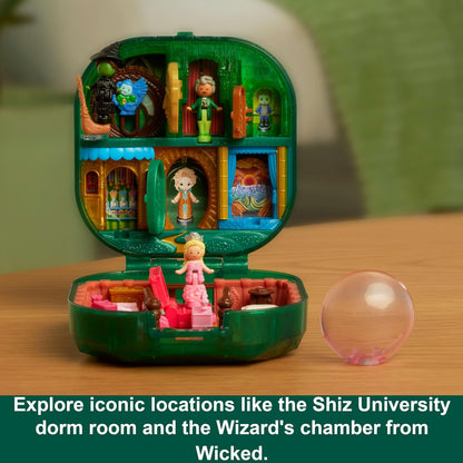 Polly Pocket x Wicked Collector Compact, Micro Dolls and Playset, 2 Themed Accessories, Iconic Shiz & Oz Locations, Glinda, Elphaba, & The Wizard, JFV04