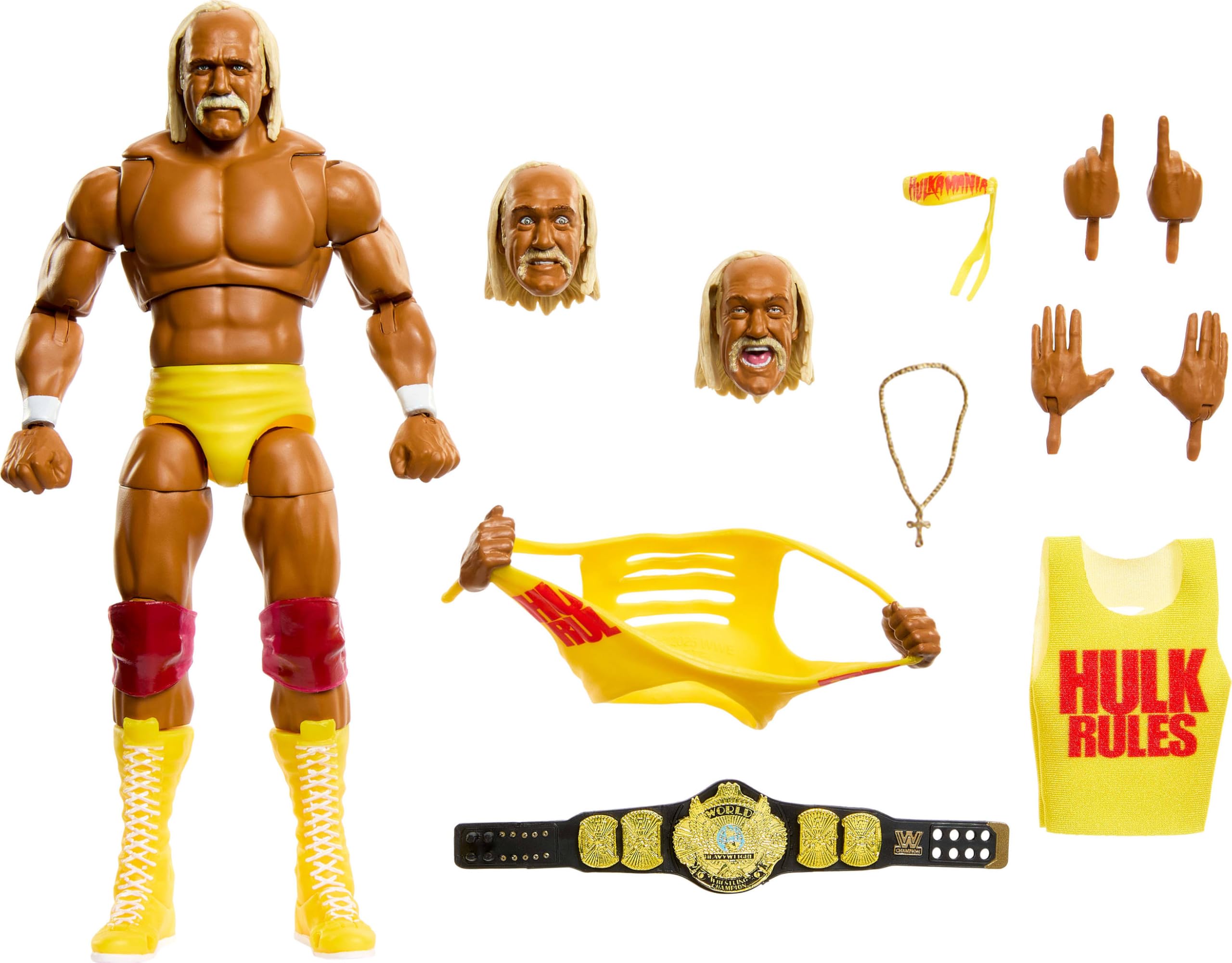 Mattel WWE Ultimate Edition Action Figure & Accessories Set, Hulk Hogan 6-inch Collectible with Swappable Heads & Hands, 30 Articulation Points, JHV95