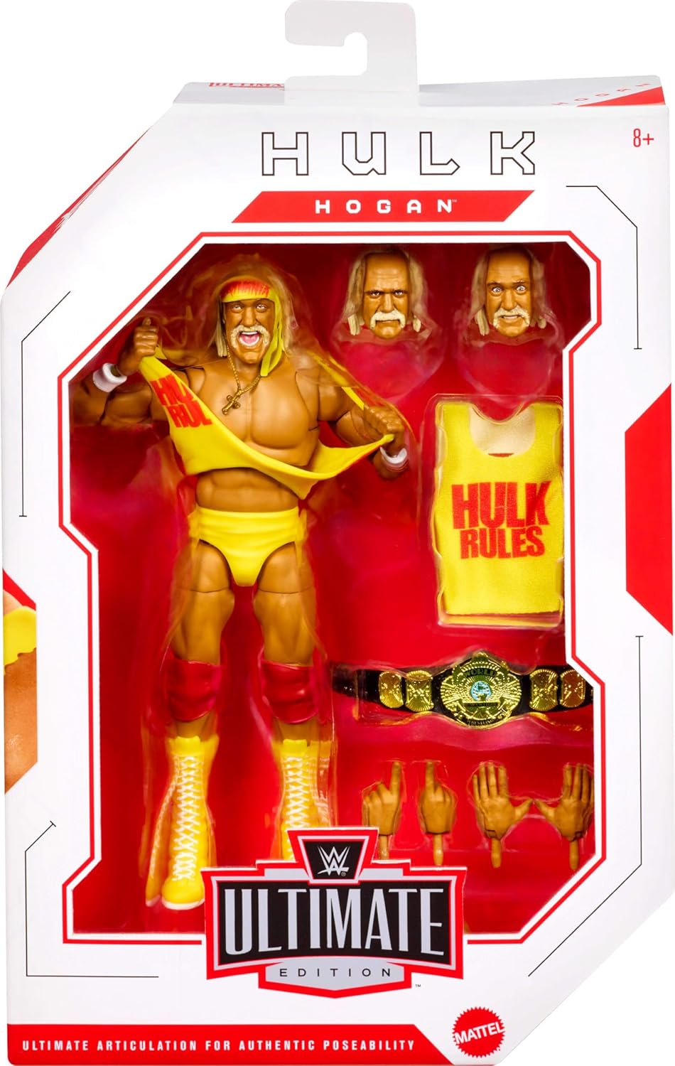 Mattel WWE Ultimate Edition Action Figure & Accessories Set, Hulk Hogan 6-inch Collectible with Swappable Heads & Hands, 30 Articulation Points, JHV95