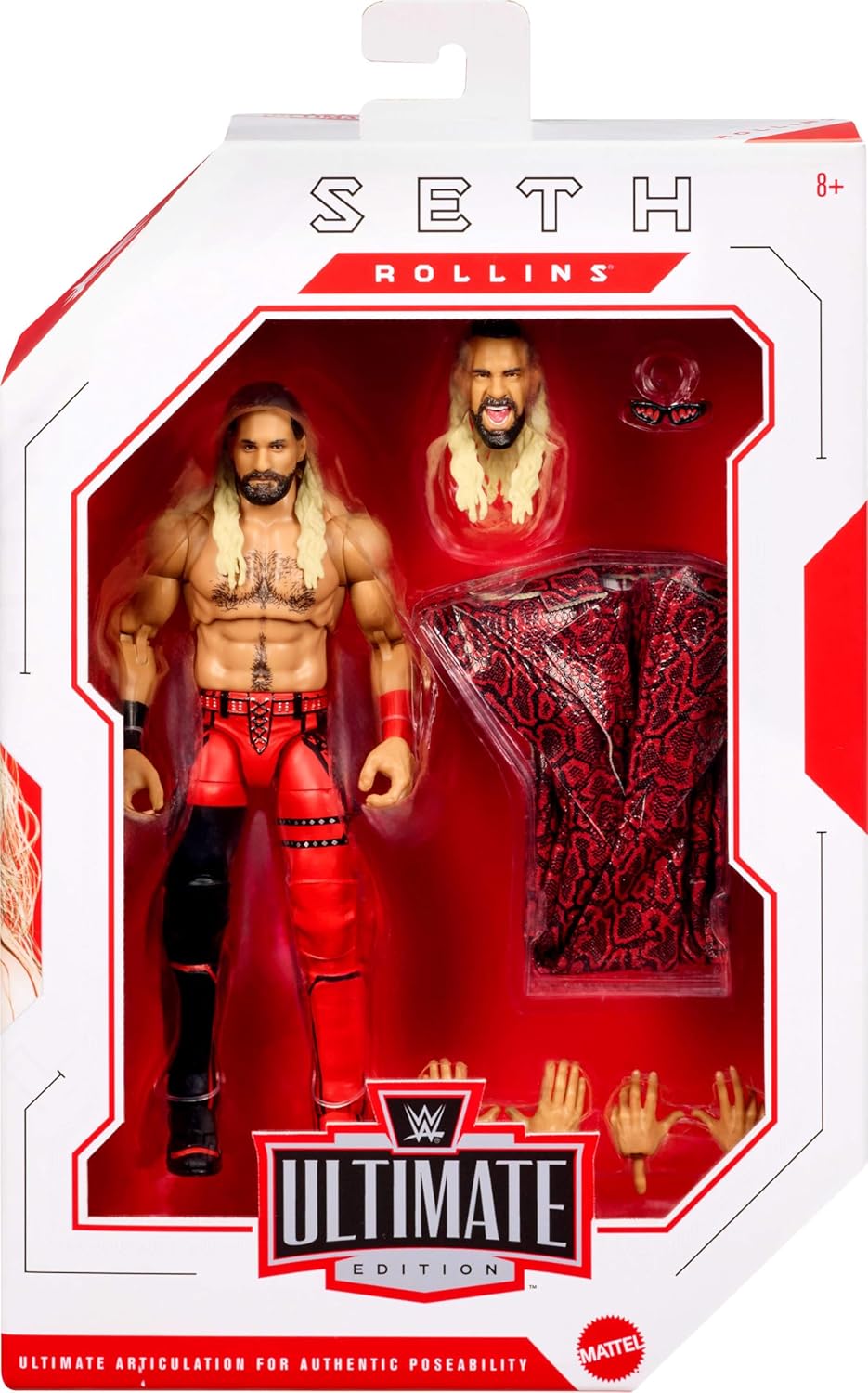 Mattel WWE Ultimate Edition Action Figure & Accessories Set, Seth Rollins 6-inch Collectible with Swappable Heads & Hands, 30 Articulation Points, JHV94